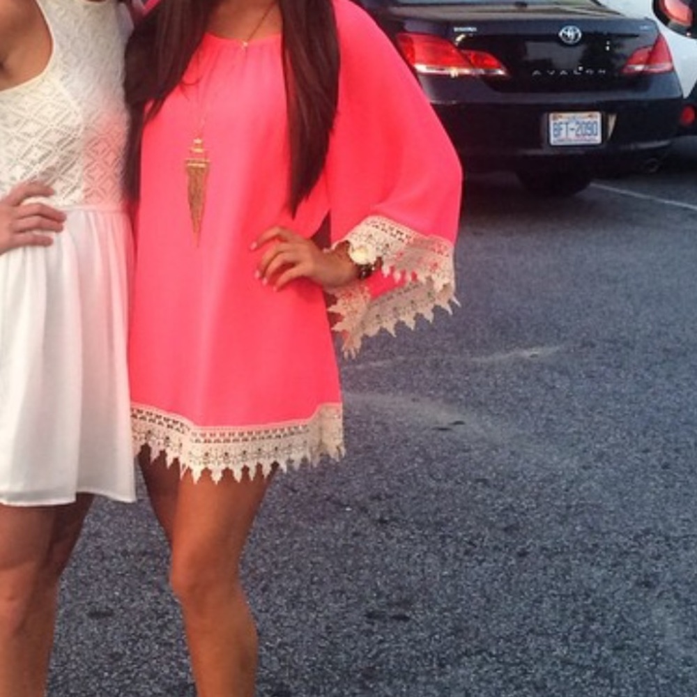 Hot Pink Dress with Cream Lace Detailing